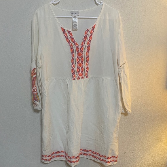 Tommy Bahama Tops - Tommy Bahama White Tunic with Coral and Pink Embroidery Linen Blend